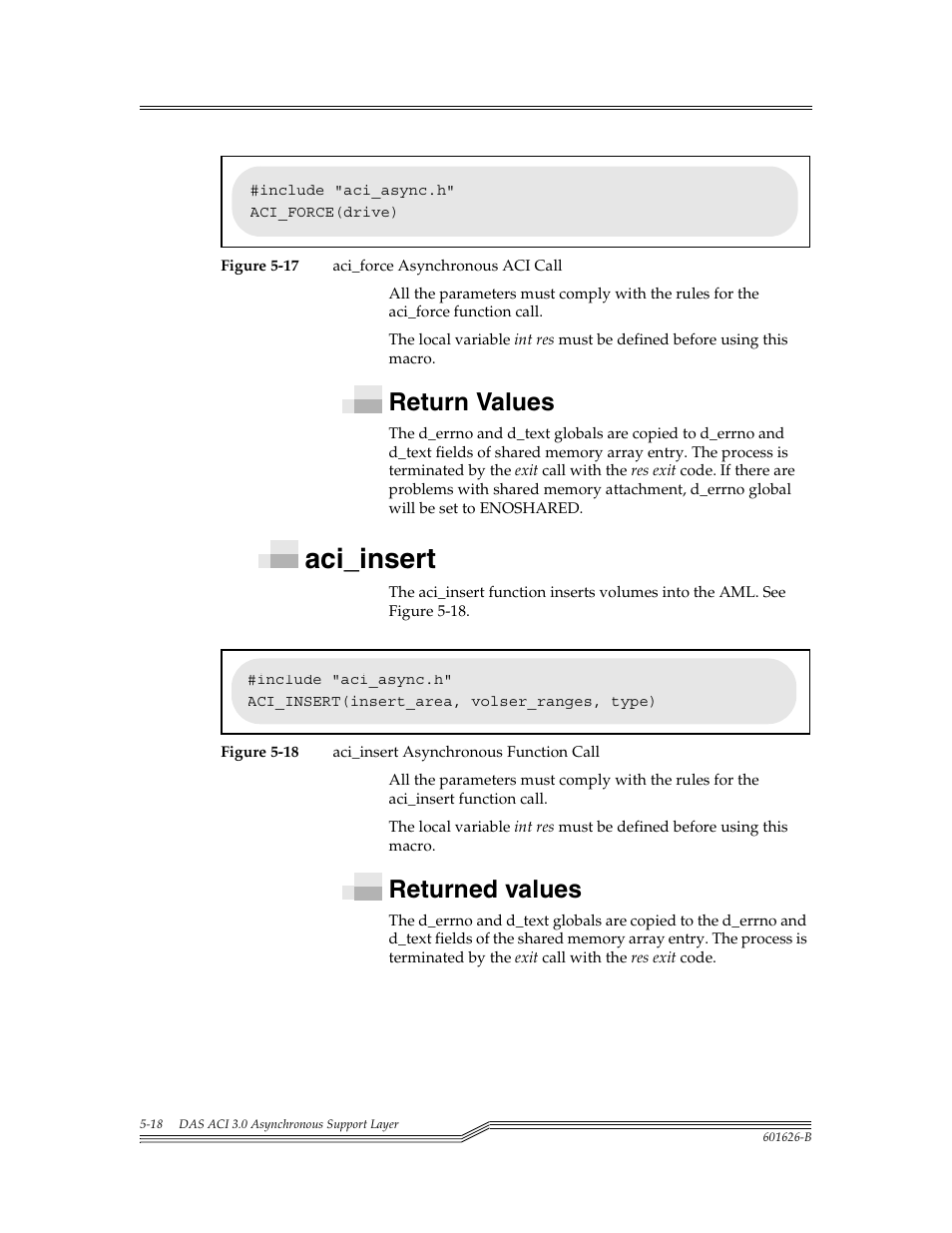Return values, Aci_insert, Returned values | Return values -18, Aci_insert -18, Returned values -18, Figure 5-17, Figure 5-18 | ADIC Server User Manual | Page 190 / 218