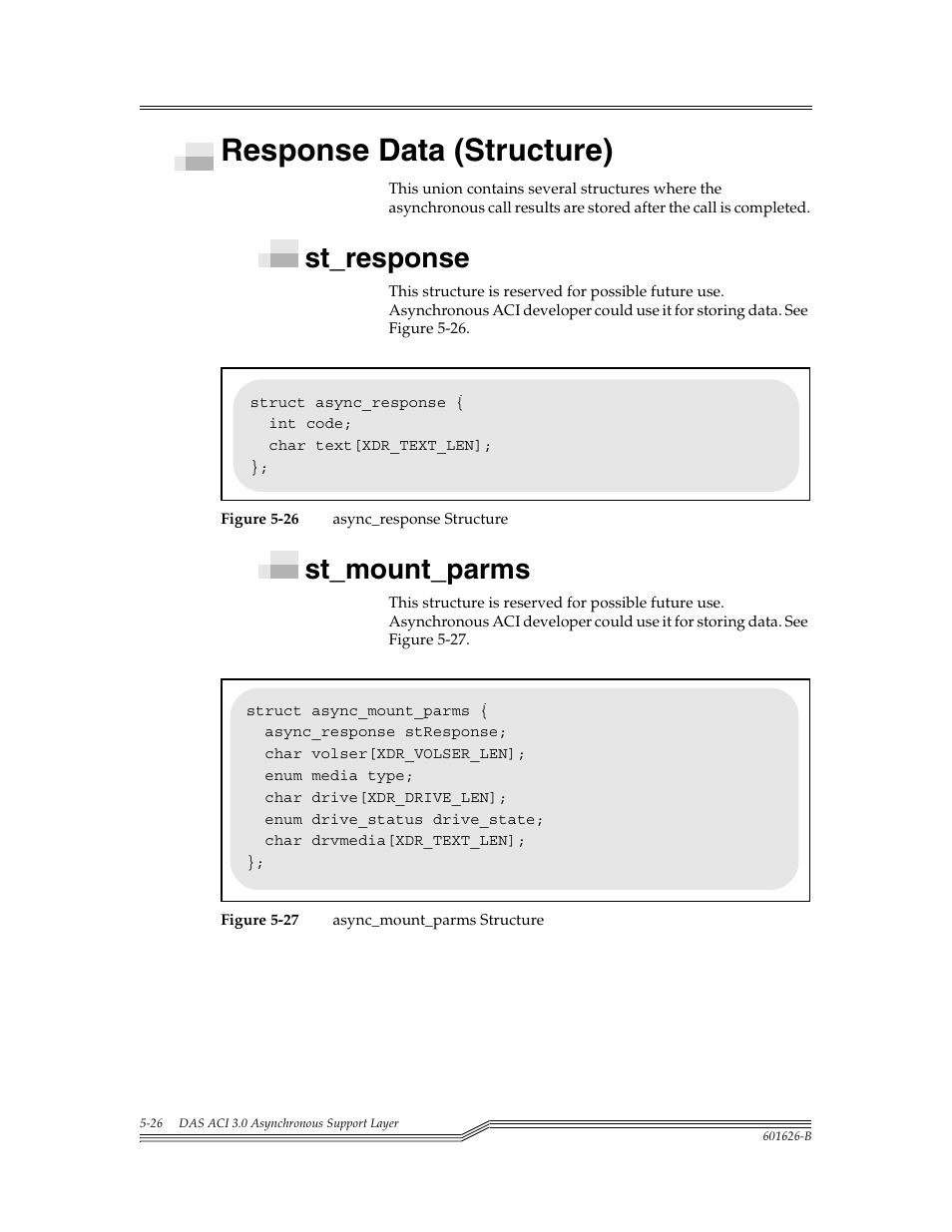 Response data (structure), St_response, St_mount_parms | Response data (structure) -26, St_response -26 st_mount_parms -26, Figure 5-26, Figure 5-27 | ADIC Server User Manual | Page 198 / 218