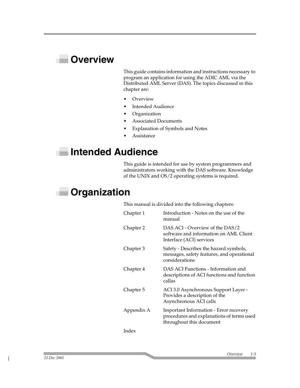 Overview, Intended audience, Organization | Overview -3, Intended audience -3, Organization -3 | ADIC Server User Manual | Page 25 / 218