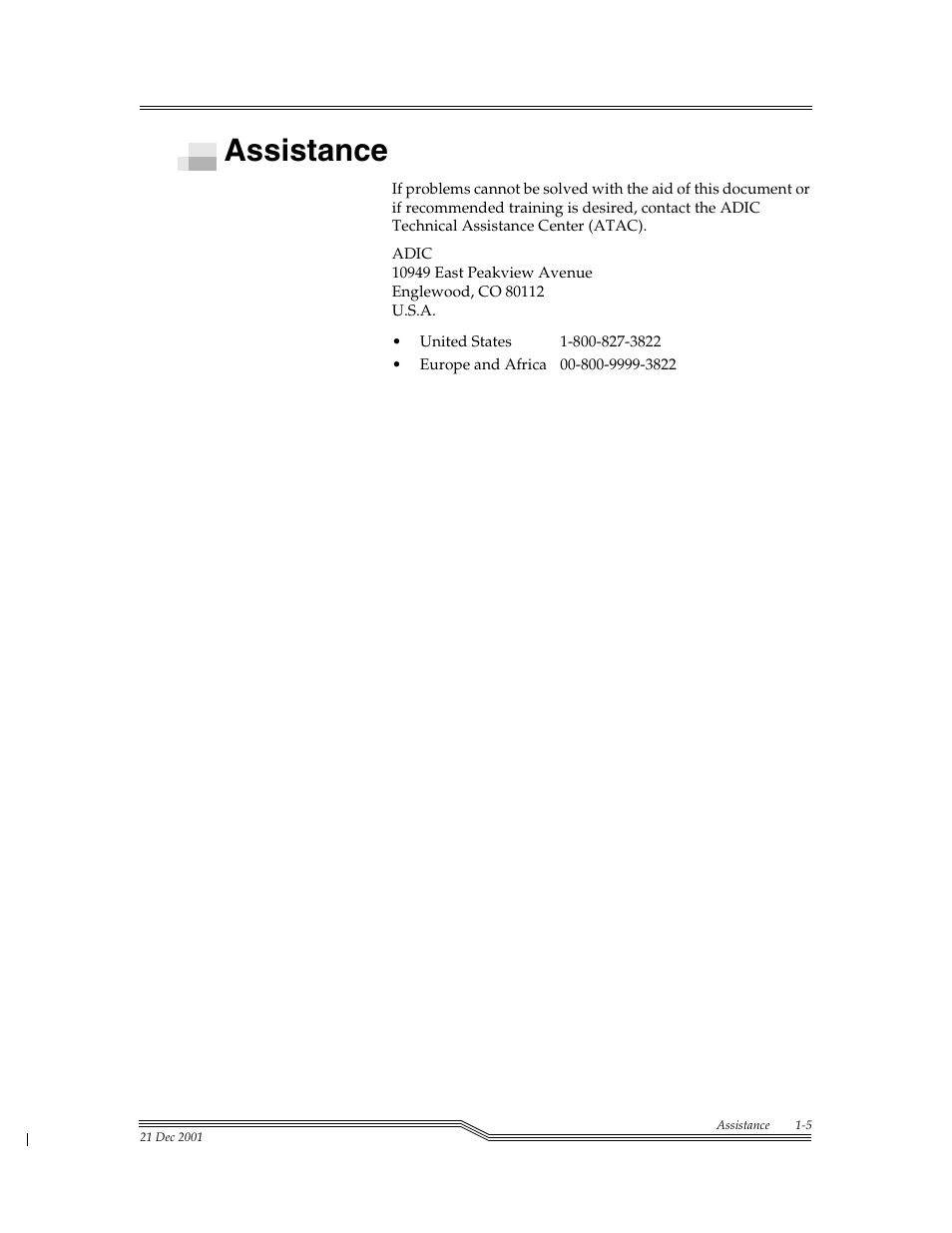 Assistance, Assistance -5 | ADIC Server User Manual | Page 27 / 218