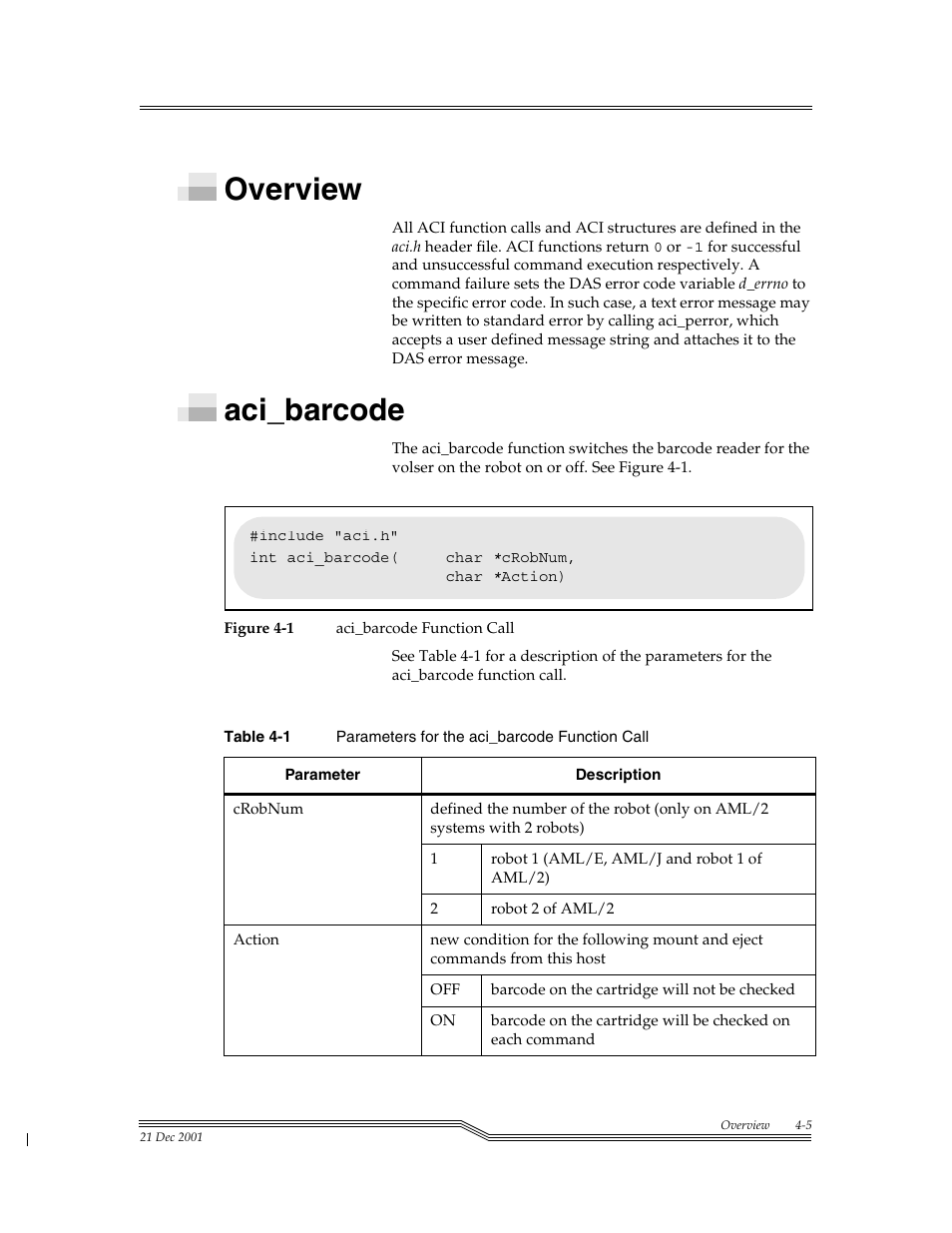 Overview, Aci_barcode, Overview -5 | Aci_barcode -5, Figure 4-1, Table 4-1, Para | ADIC Server User Manual | Page 47 / 218