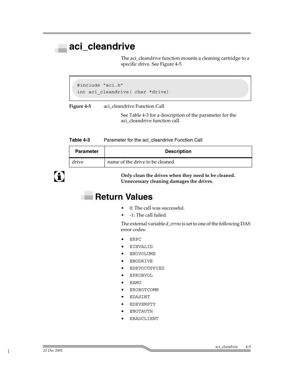 Aci_cleandrive, Return values, Aci_cleandrive -9 | Return values -9, Figure 4-5, Table 4-3, Para | ADIC Server User Manual | Page 51 / 218
