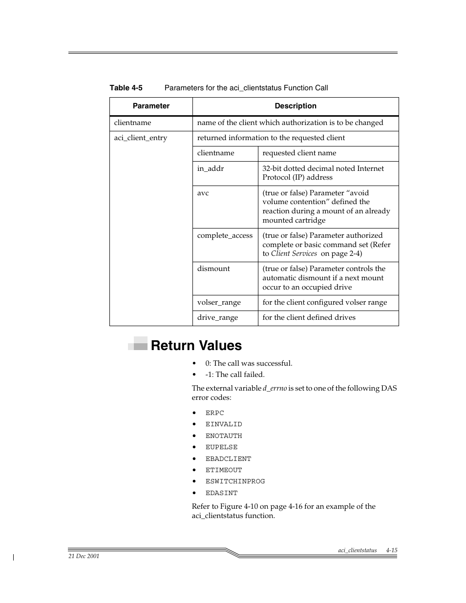 Return values, Return values -15, Table 4-5 | Para, See table 4-5 | ADIC Server User Manual | Page 57 / 218