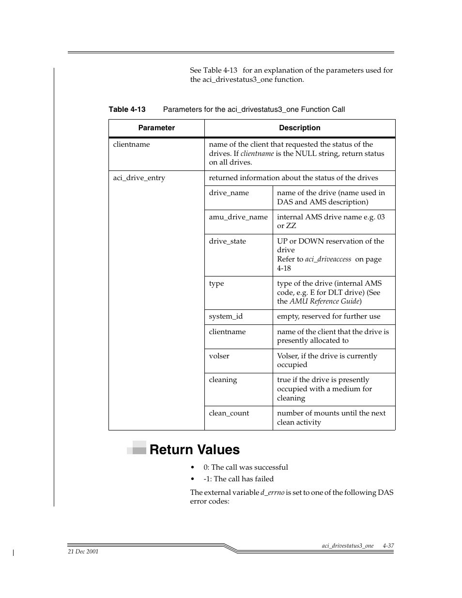 Return values, Return values -37, Table 4-13 | Para | ADIC Server User Manual | Page 79 / 218