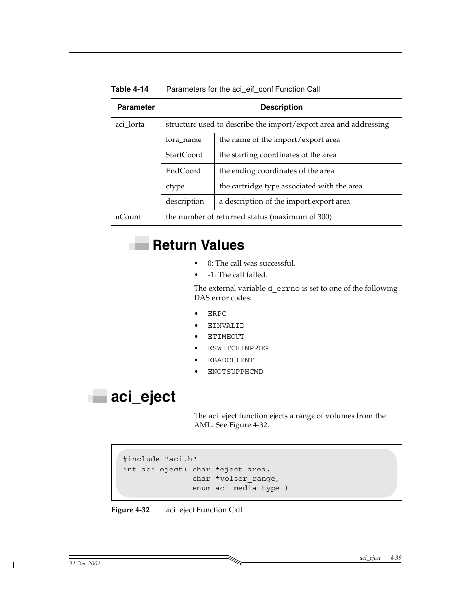 Return values, Aci_eject, Return values -39 | Aci_eject -39, Figure 4-32, Table 4-14, Para | ADIC Server User Manual | Page 81 / 218