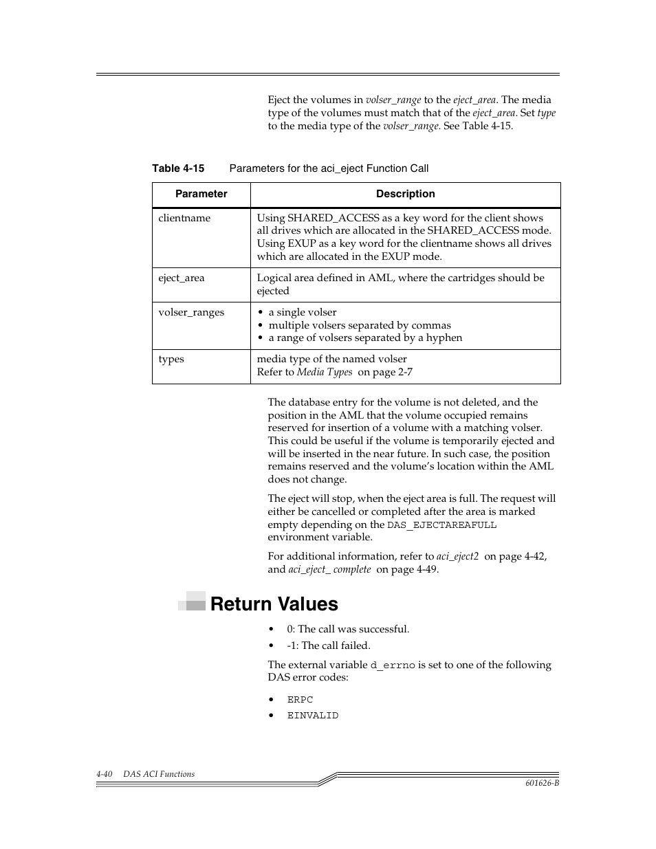 Return values, Return values -40, Table 4-15 | Para | ADIC Server User Manual | Page 82 / 218