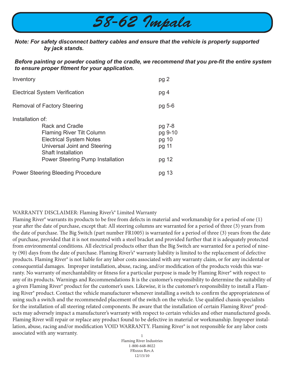62 impala | Flaming River Impala Rack & Pinion Cradle Kit 1958-64 User Manual | Page 2 / 14