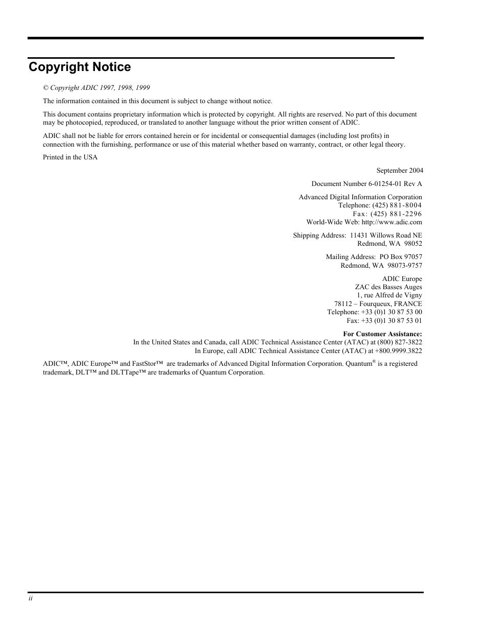 Copyright notice | ADIC FastStor Mass Storage Device User Manual | Page 2 / 68