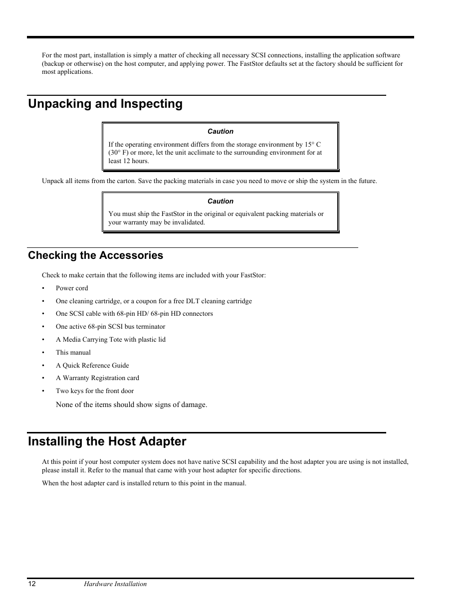 Unpacking and inspecting, Installing the host adapter, Checking the accessories | ADIC FastStor Mass Storage Device User Manual | Page 28 / 68