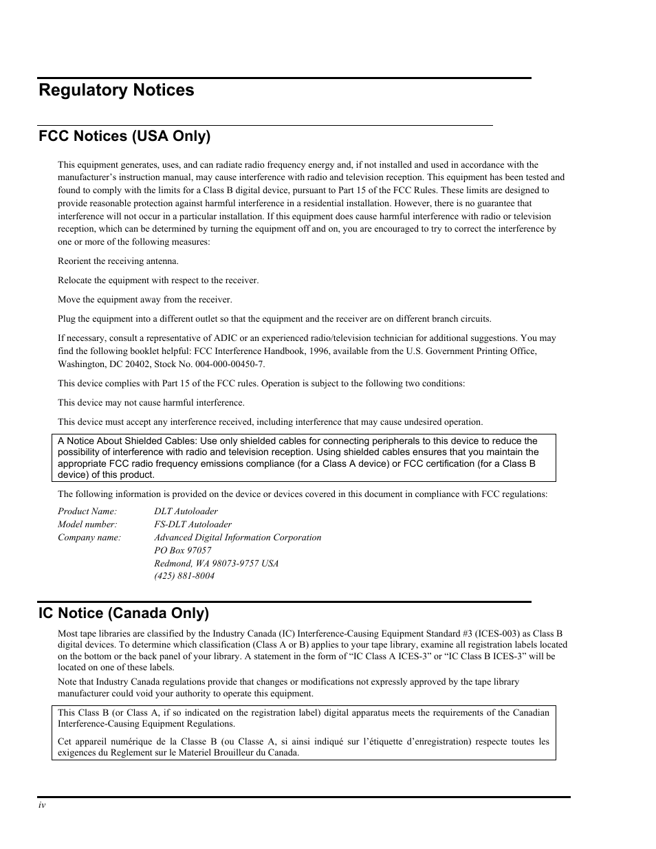Regulatory notices, Fcc notices (usa only), Ic notice (canada only) | ADIC FastStor Mass Storage Device User Manual | Page 4 / 68