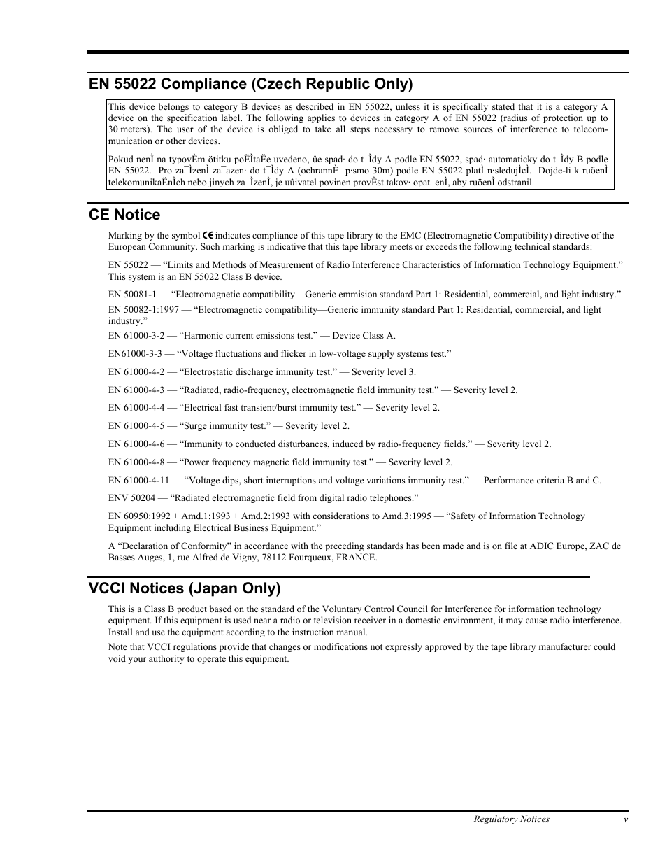 Ce notice, Vcci notices (japan only) | ADIC FastStor Mass Storage Device User Manual | Page 5 / 68