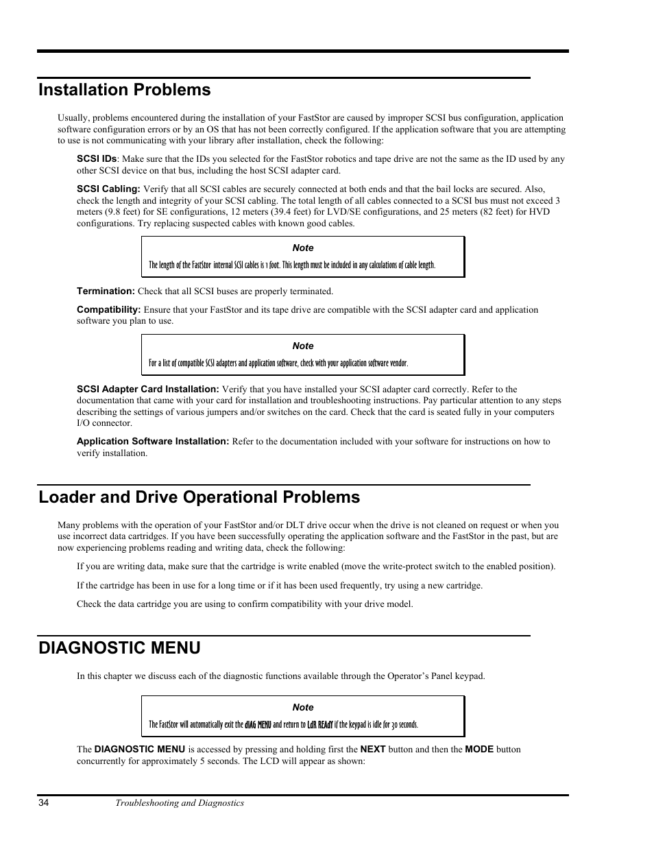 Installation problems, Loader and drive operational problems, Diagnostic menu | ADIC FastStor Mass Storage Device User Manual | Page 50 / 68