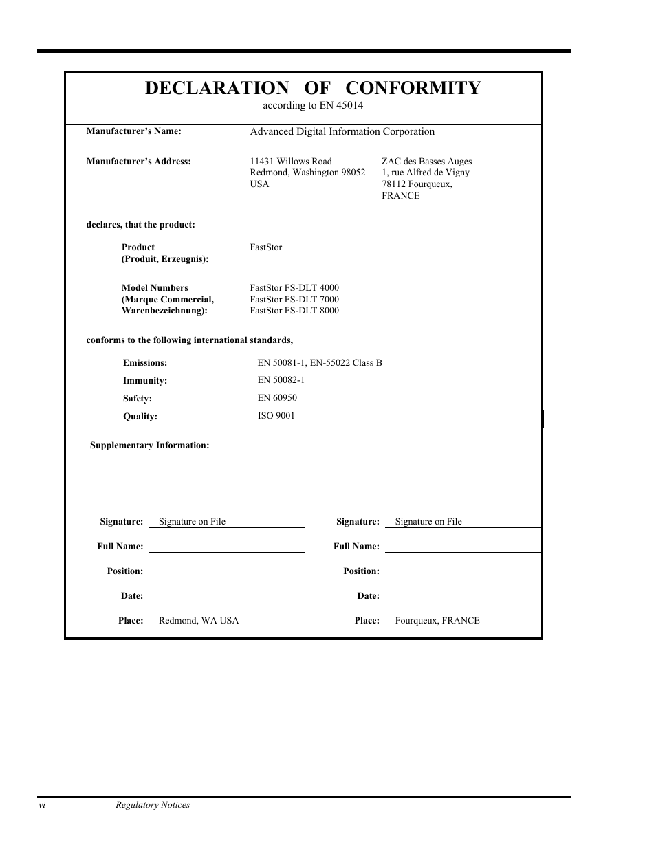 Declaration of conformity | ADIC FastStor Mass Storage Device User Manual | Page 6 / 68