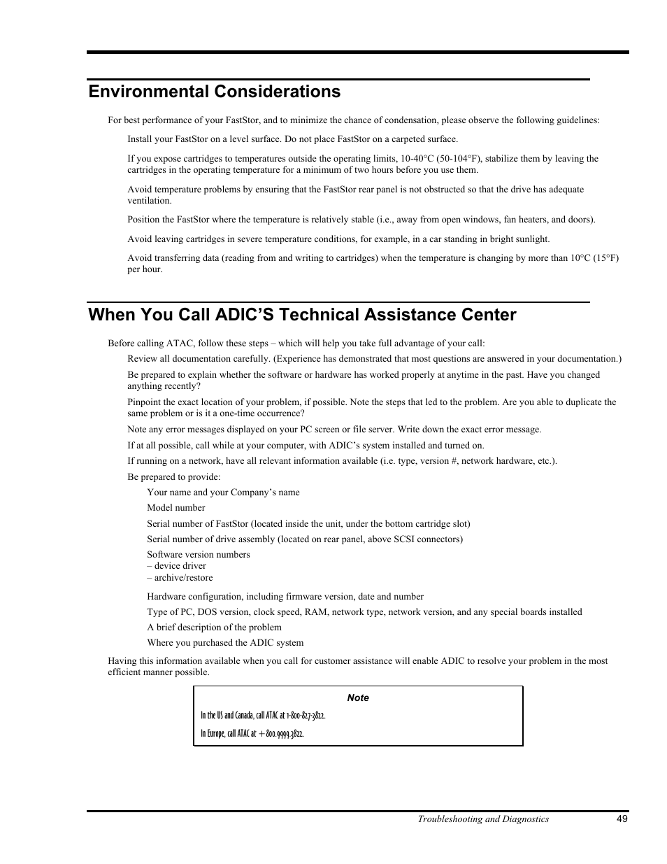 Environmental considerations, When you call adic’s technical assistance center | ADIC FastStor Mass Storage Device User Manual | Page 65 / 68