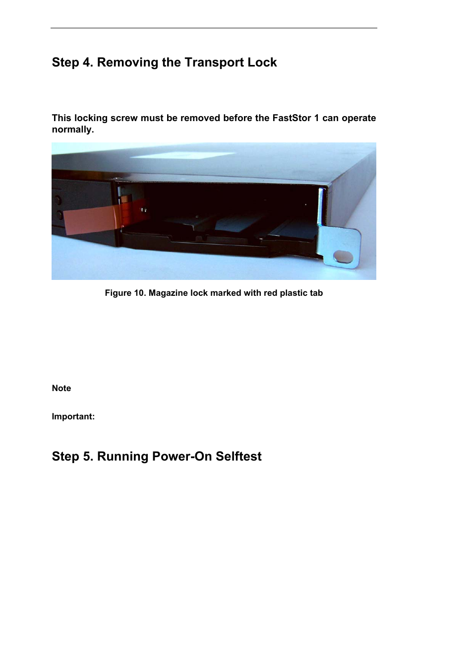 Step 4. removing the transport lock, Step 5. running power-on selftest | ADIC FastStor User Manual | Page 12 / 15