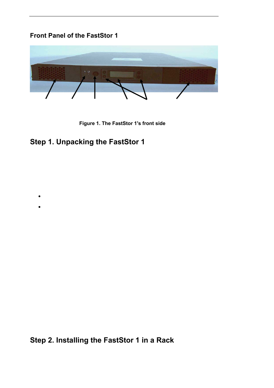 Step 1. unpacking the faststor 1, Step 2. installing the faststor 1 in a rack, Front panel of the faststor 1 | ADIC FastStor User Manual | Page 6 / 15