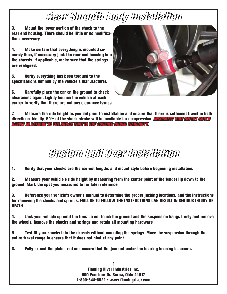 Rear smooth body installation, Custom coil over installation | Flaming River Dual Adjustable Shocks User Manual | Page 10 / 14