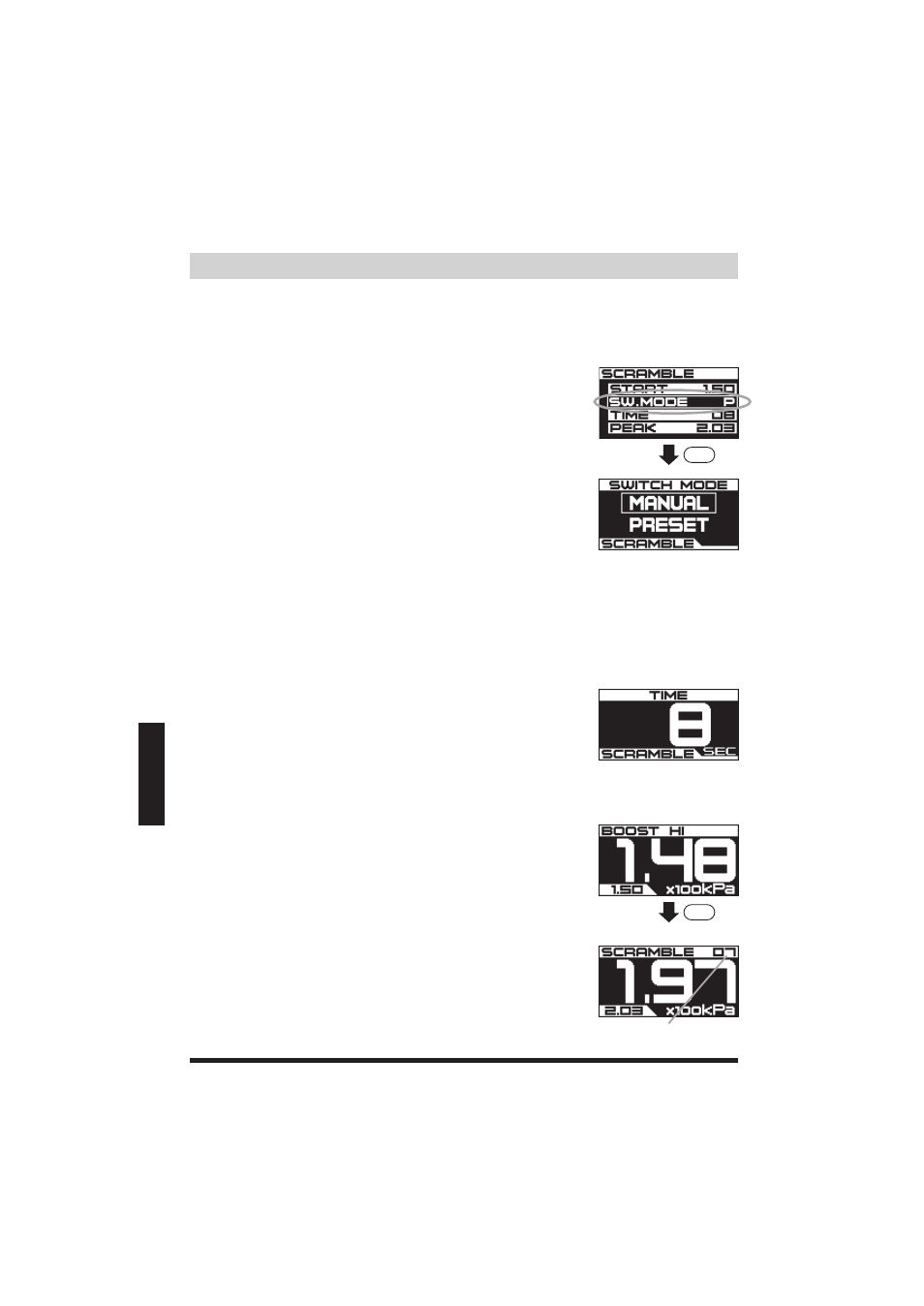 ページ37, Switch mode ■about the scramble feature display, Programming the scramble boost feature activation | GReddy Profec User Manual | Page 38 / 44