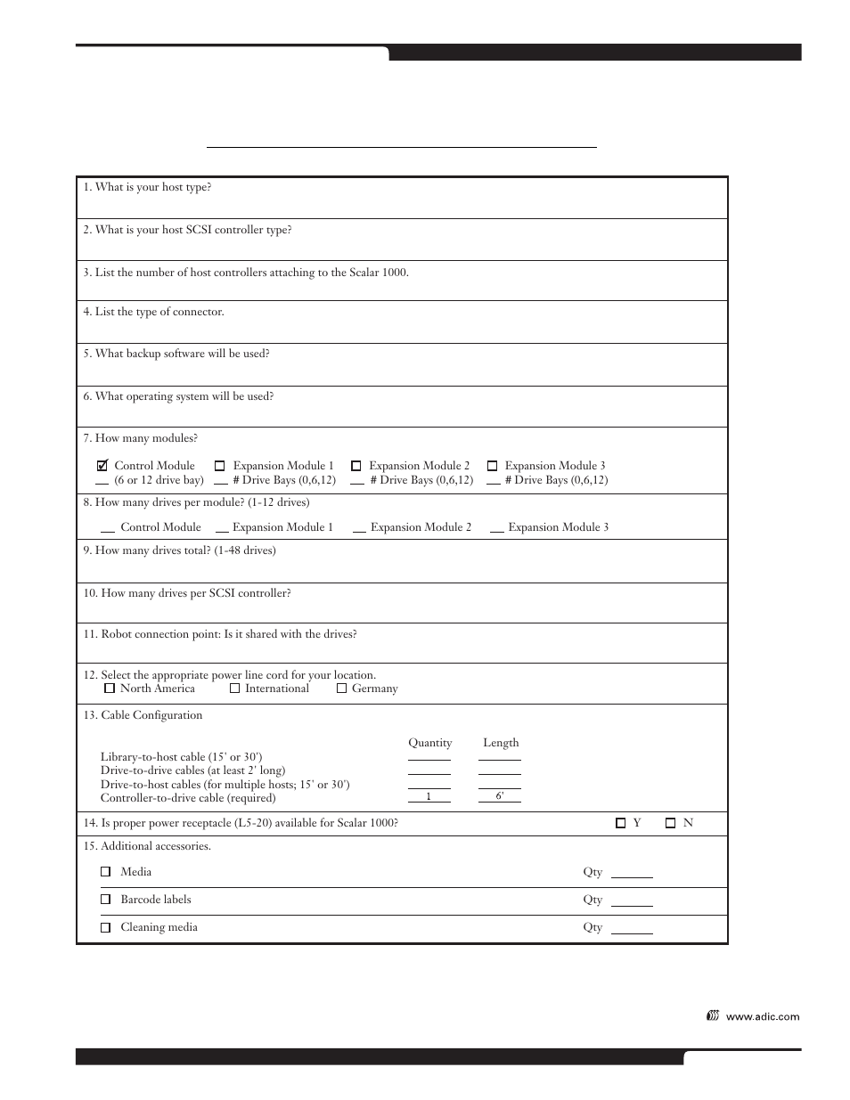 Scalar 1000 / dlt ordering guidelines worksheet | ADIC Scalar 1000 User Manual | Page 11 / 24