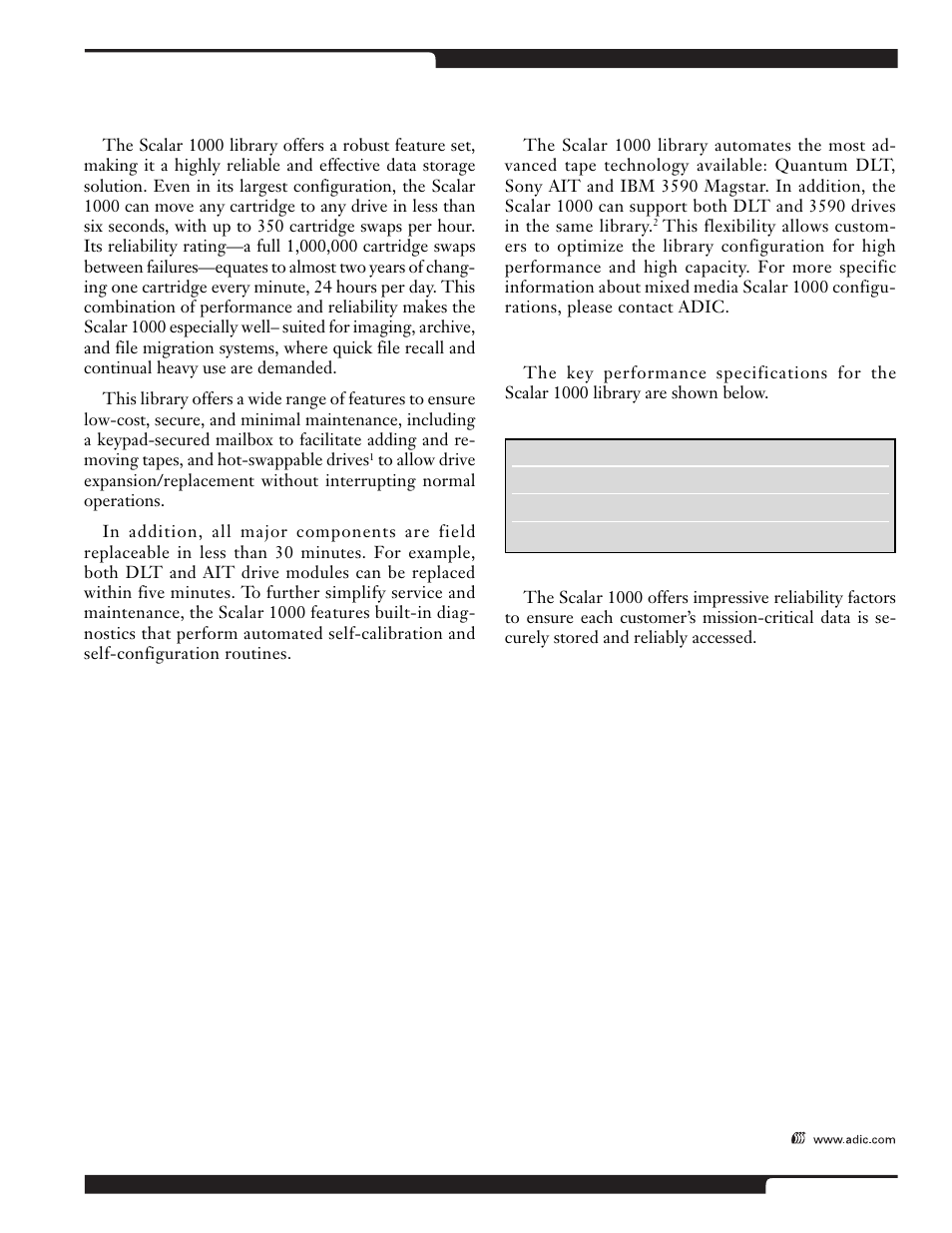 Key features, Flexible drive support, Performance & reliability | ADIC Scalar 1000 User Manual | Page 9 / 24