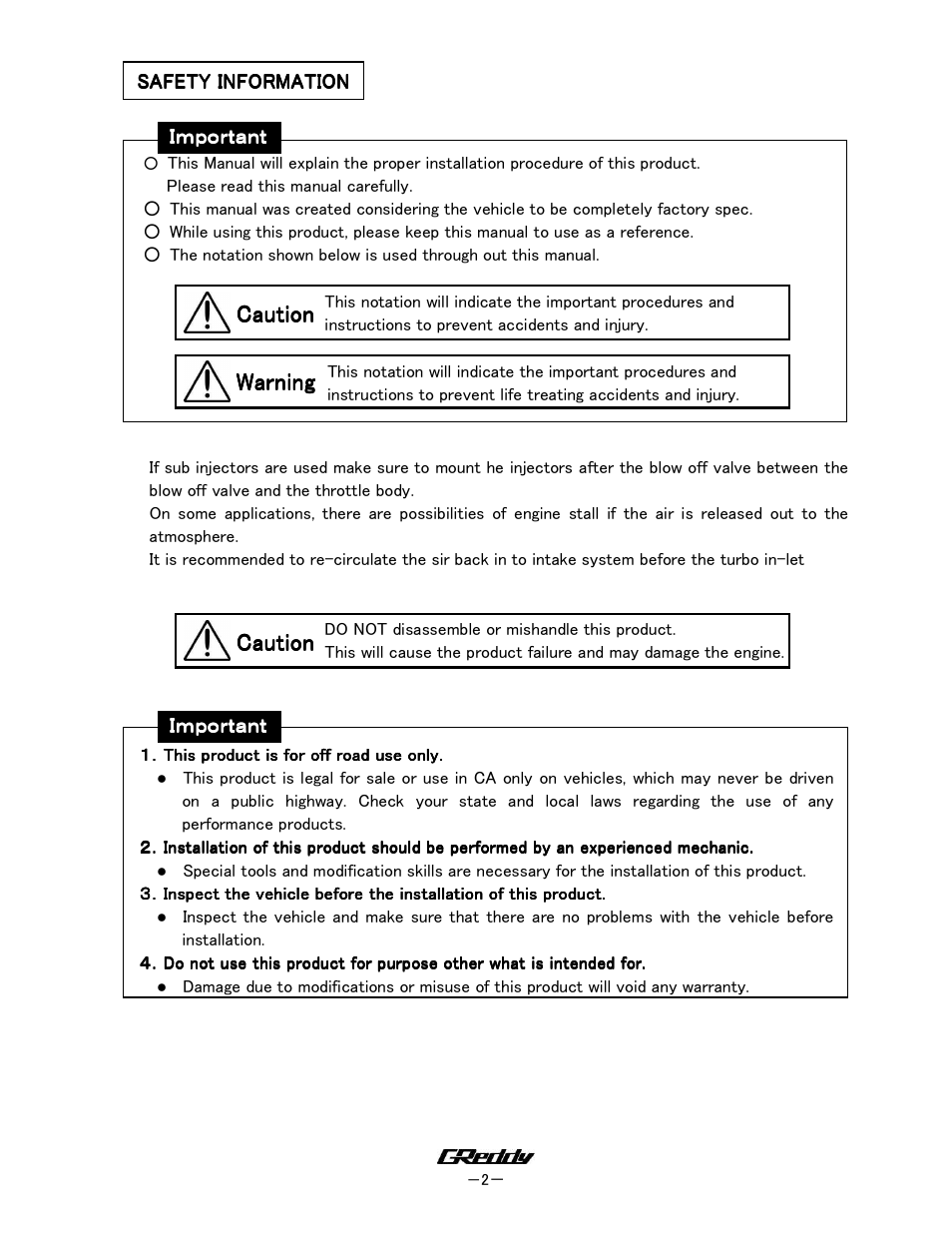 Caution, Caution warning warning warning warning | GReddy TURBO RELATED: Toyota Supra 1993-97 TT / BOV Kit BRS-112 JZA80 User Manual | Page 2 / 8