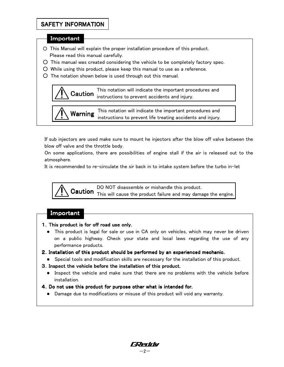 Caution, Caution warning warning warning warning | GReddy TURBO RELATED: Mitsubishi Eclipse 1995-99 GSX/GST / BOV Kit BRS-307 D32 User Manual | Page 2 / 7