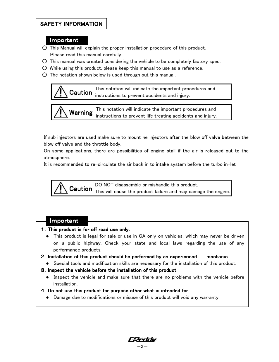 Caution, Caution warning warning warning warning | GReddy TURBO RELATED: Subaru WRX 2002-05 / BOV Kit BRS-610 GDB User Manual | Page 2 / 8