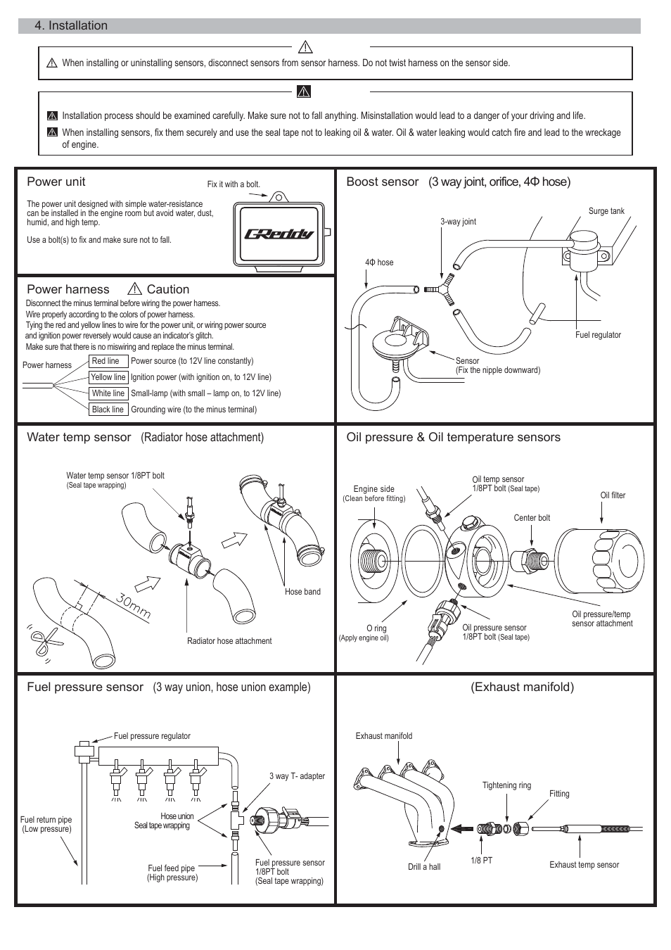 Installation, Power unit, Power harness | Caution -4- caution warning | GReddy Multi D/A Gauge System User Manual | Page 4 / 7