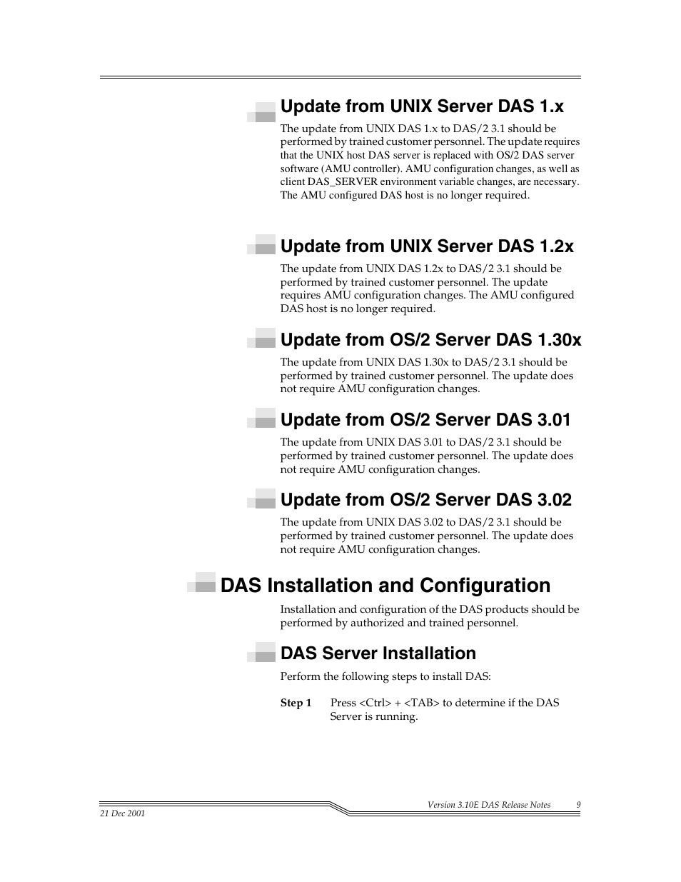Das installation and configuration, Update from unix server das 1.x, Update from unix server das 1.2x | Update from os/2 server das 1.30x, Update from os/2 server das 3.01, Update from os/2 server das 3.02, Das server installation | ADIC DAS V3.10E User Manual | Page 9 / 28