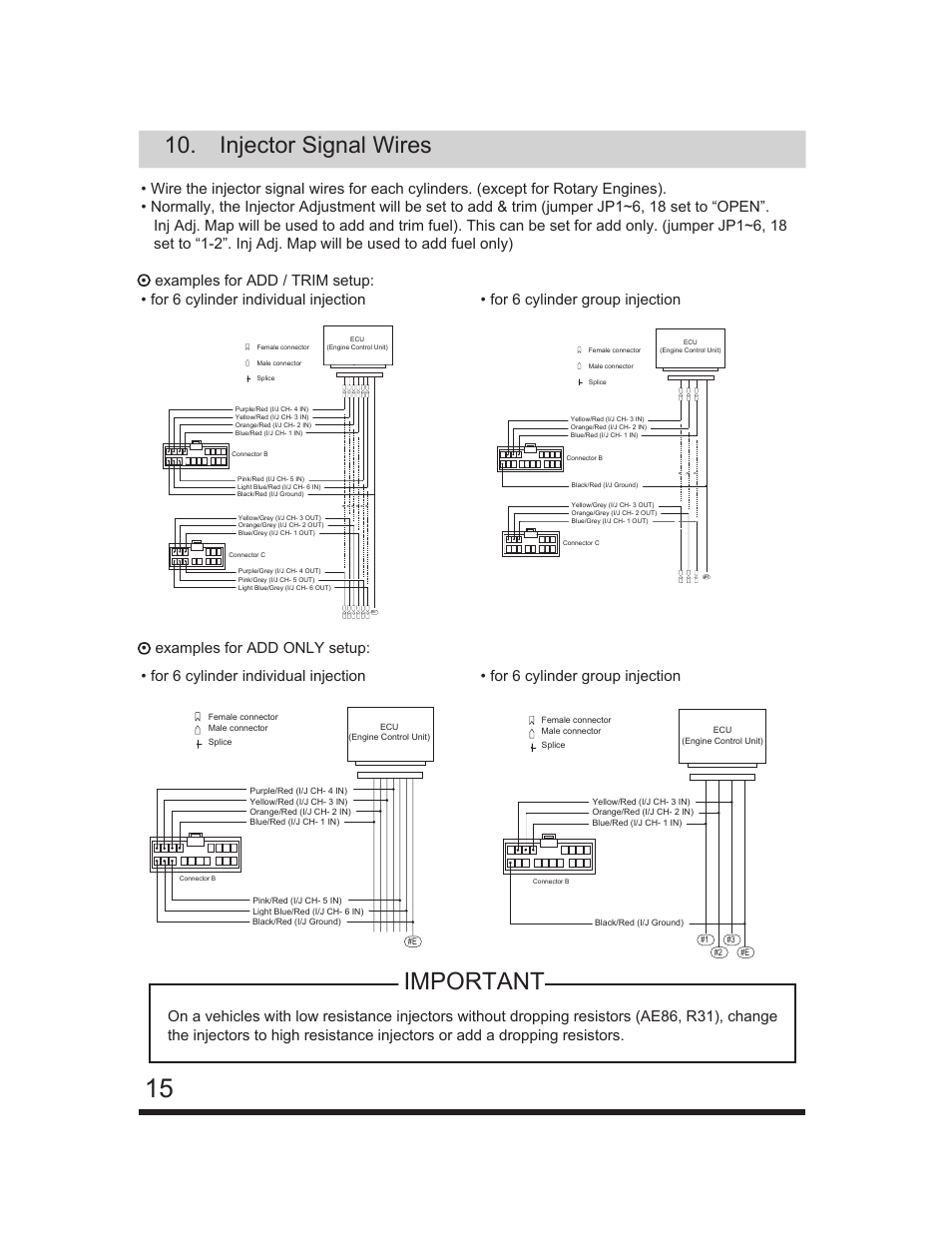 Important, Injector signal wires, Examples for add only setup | For 6 cylinder group injection | GReddy e-Manage Ultimate Installation Manual User Manual | Page 16 / 40