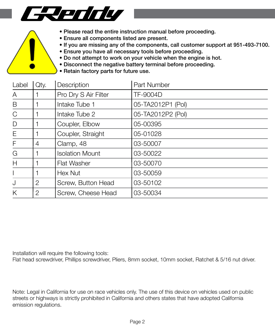 GReddy AIR INTAKE SYSTEMS: Scion tC 2011-14 User Manual | Page 2 / 12