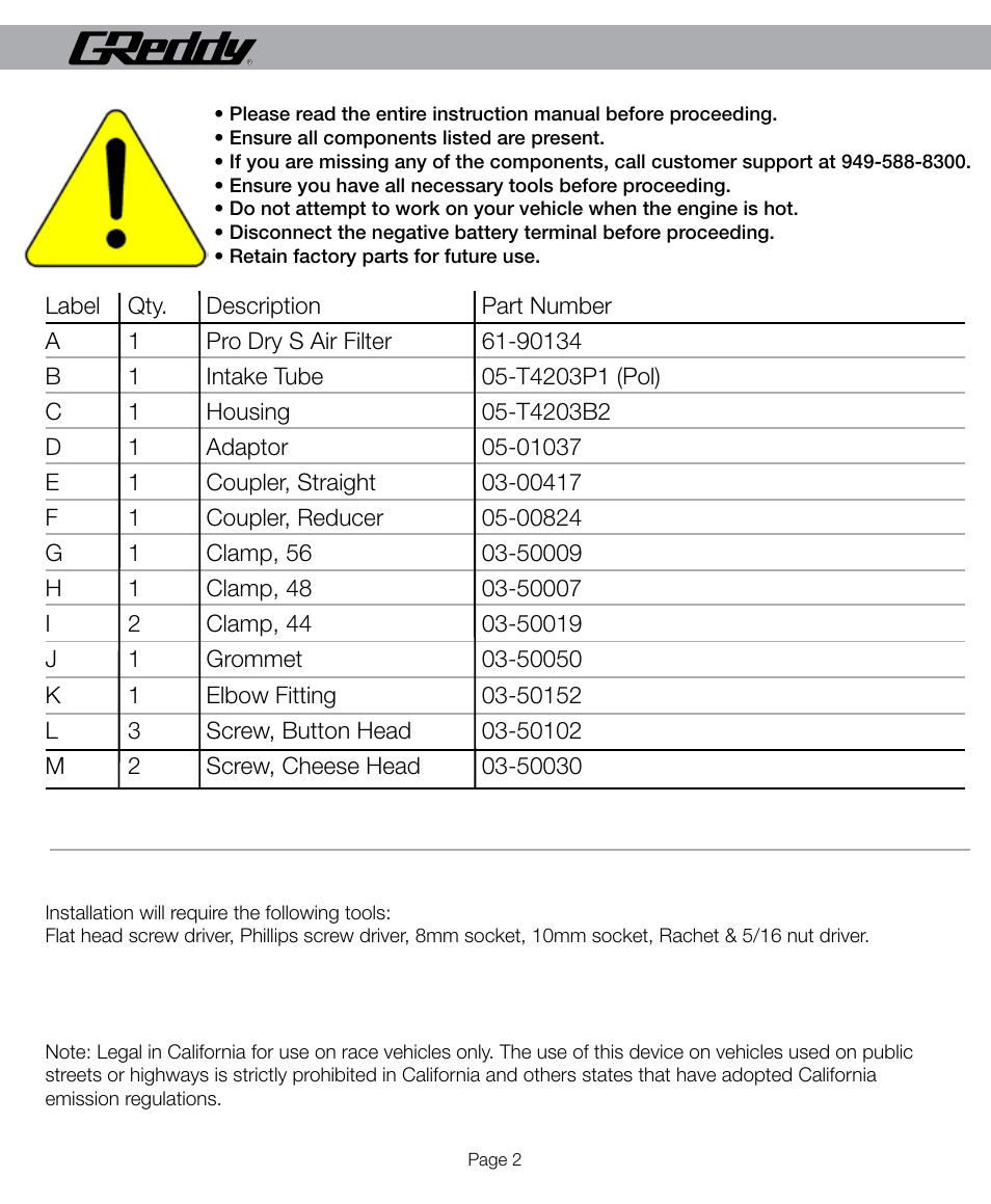 GReddy AIR INTAKE SYSTEMS: Mitsubishi Lancer GTS 2009-12 User Manual | Page 2 / 12