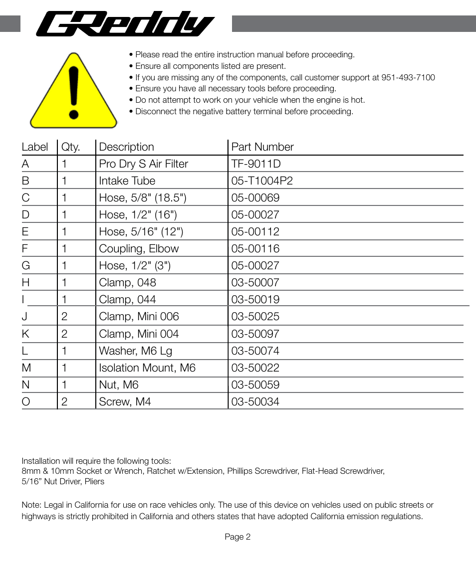 GReddy AIR INTAKE SYSTEMS: Honda Civic Si 2006-11 (CAI) User Manual | Page 2 / 20