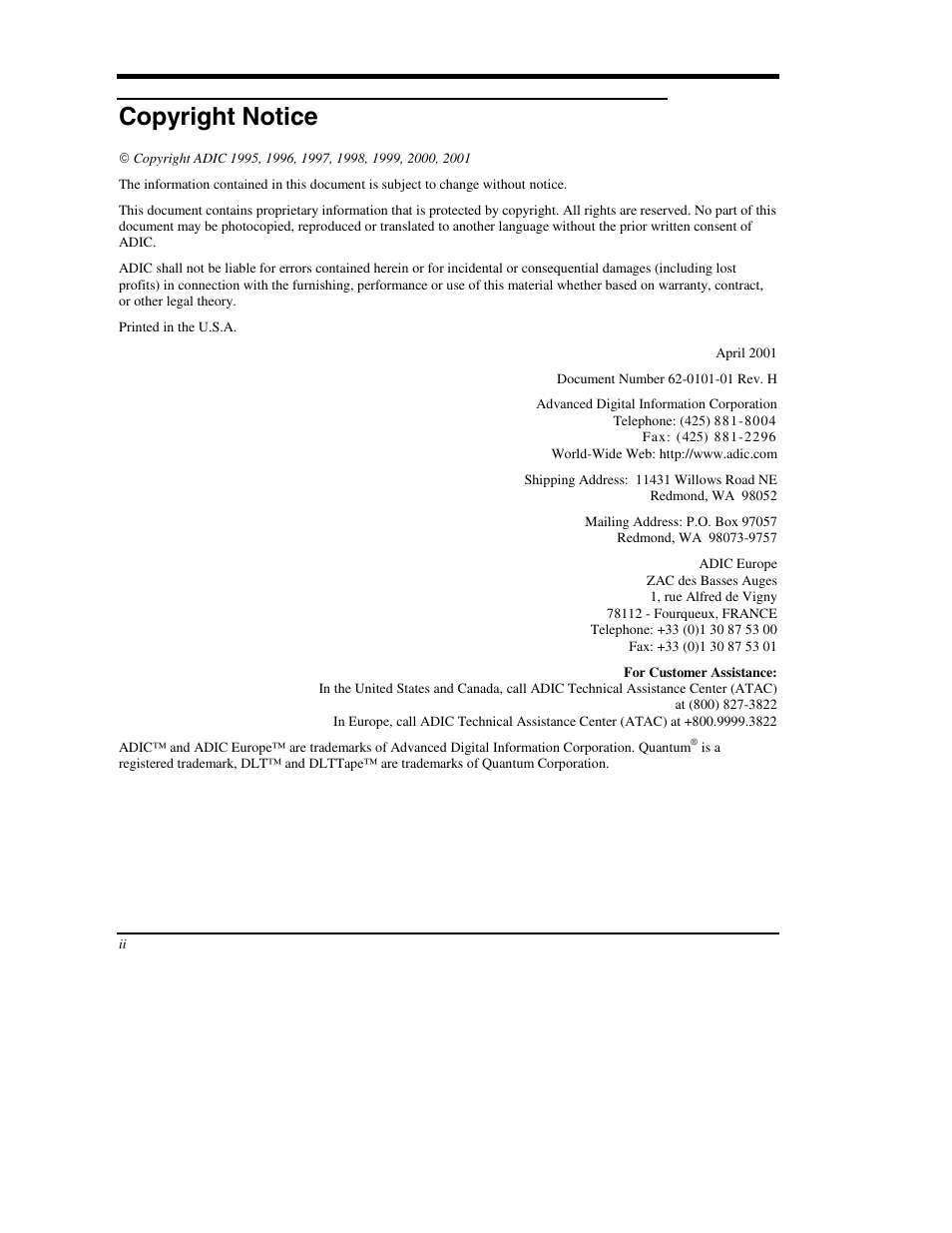 Copyright notice | ADIC DS9000 Series User Manual | Page 2 / 60