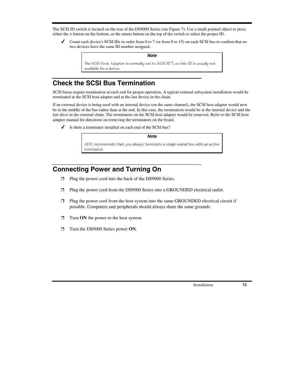 Check the scsi bus termination, Connecting power and turning on | ADIC DS9000 Series User Manual | Page 27 / 60