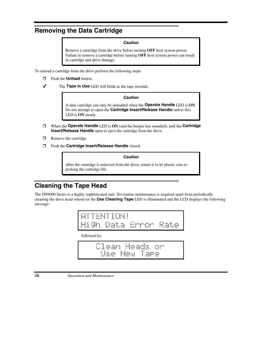 Removing the data cartridge, Cleaning the tape head | ADIC DS9000 Series User Manual | Page 40 / 60
