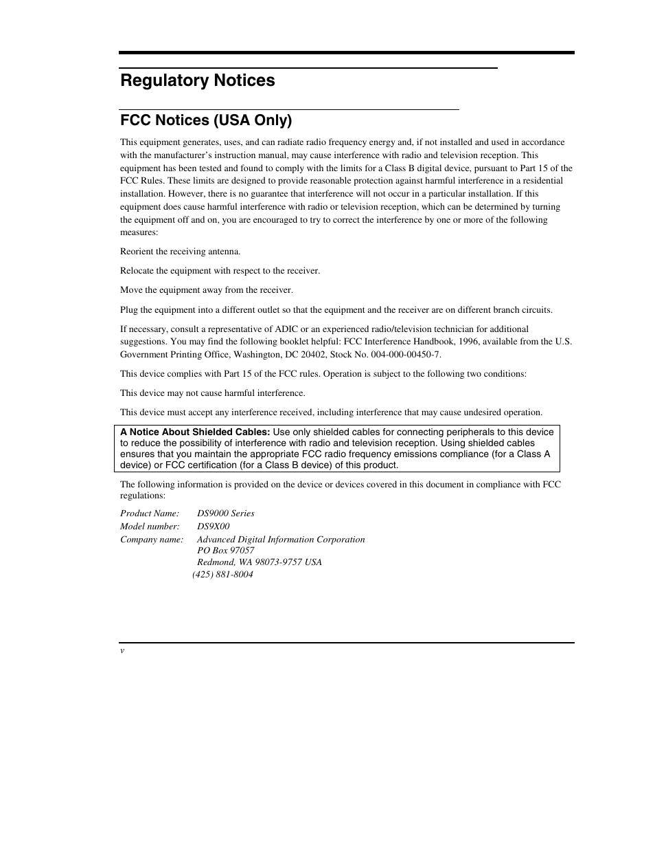 Regulatory notices, Fcc notices (usa only) | ADIC DS9000 Series User Manual | Page 5 / 60