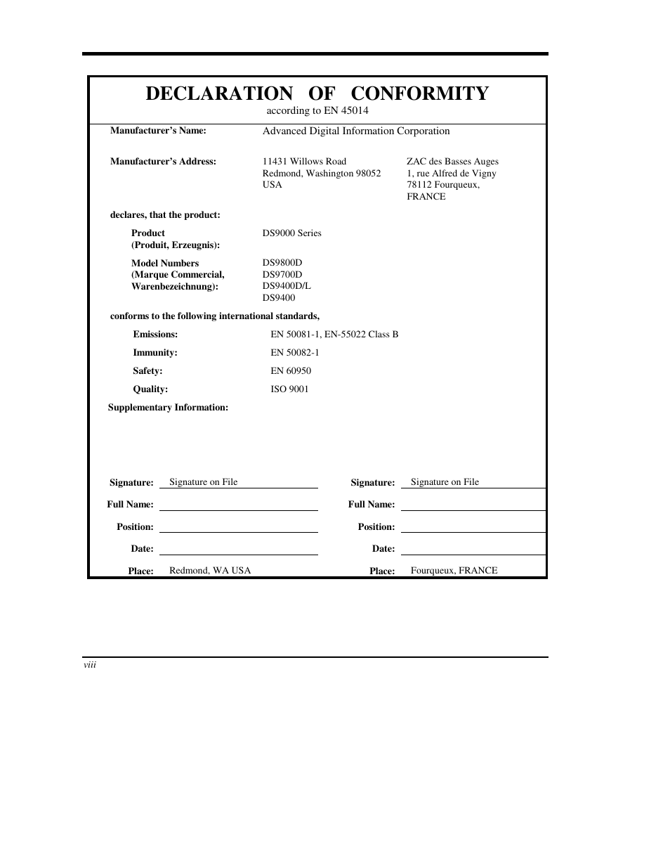 Declaration of conformity | ADIC DS9000 Series User Manual | Page 8 / 60