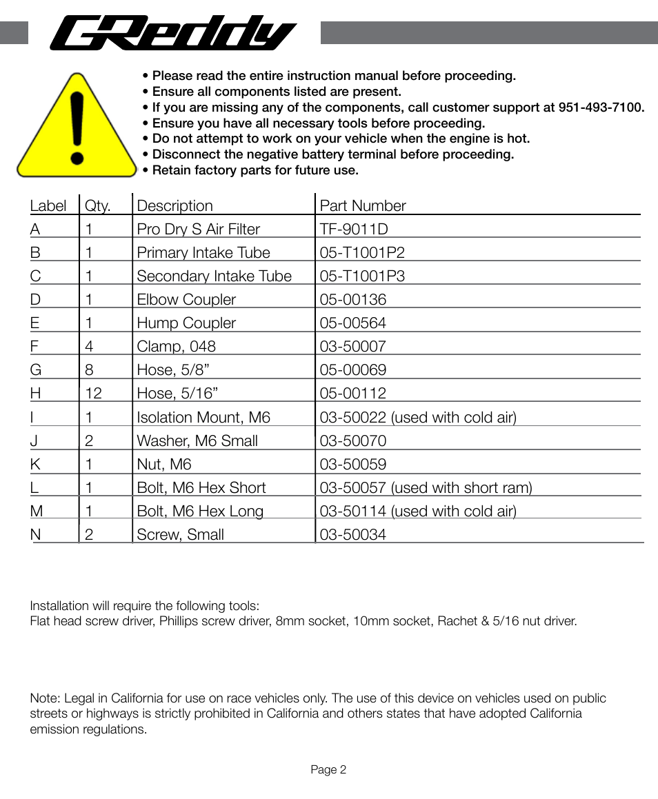 GReddy AIR INTAKE SYSTEMS: Honda Accord 4cyl. 2008-12 (L) User Manual | Page 2 / 16