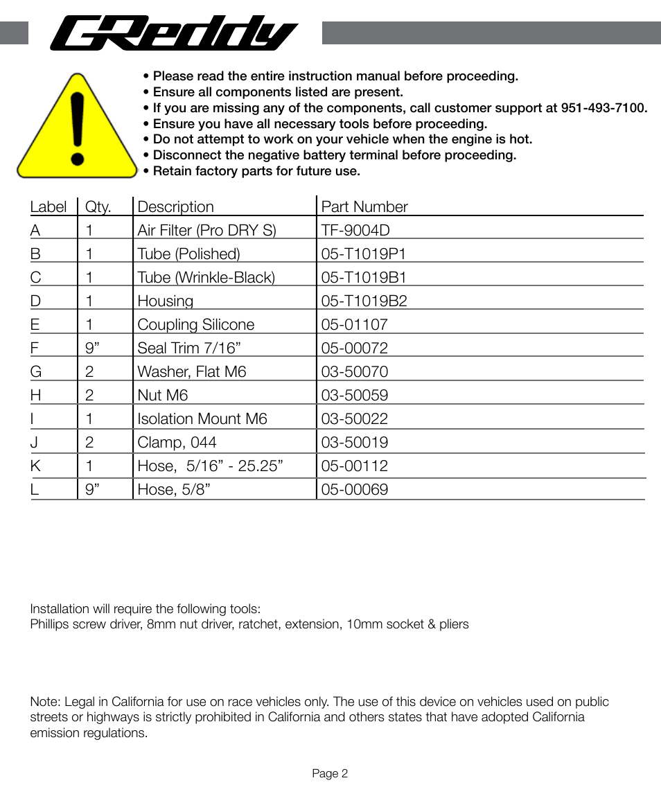 GReddy AIR INTAKE SYSTEMS: Honda Accord 4cyl. 2013-14 User Manual | Page 2 / 12