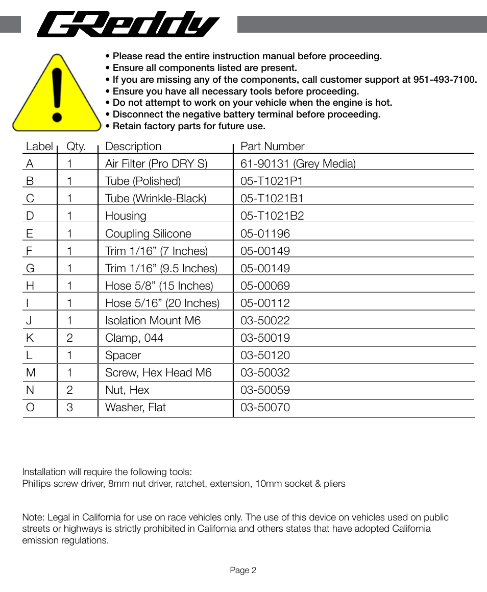 GReddy AIR INTAKE SYSTEMS: Honda Accord V6 2013-14 User Manual | Page 2 / 12