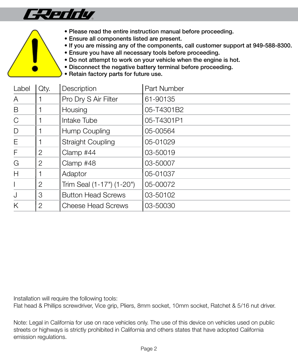 GReddy AIR INTAKE SYSTEMS: Subaru WRX STI 2008-12 User Manual | Page 2 / 12