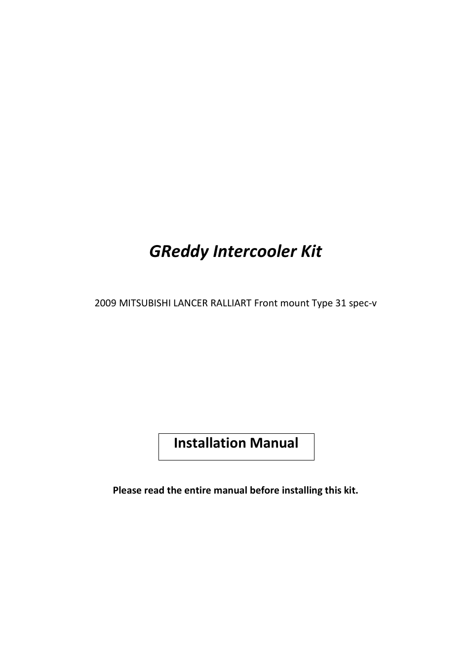 GReddy INTERCOOLERS: Mitsubishi RalliArt  2009- / Type31V User Manual | 8 pages