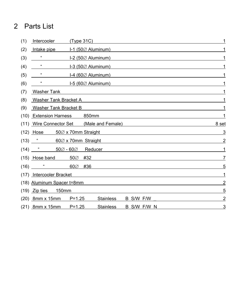 2 parts list | GReddy INTERCOOLERS: Acura RSX Type S  2002-06 / Type31V User Manual | Page 2 / 9