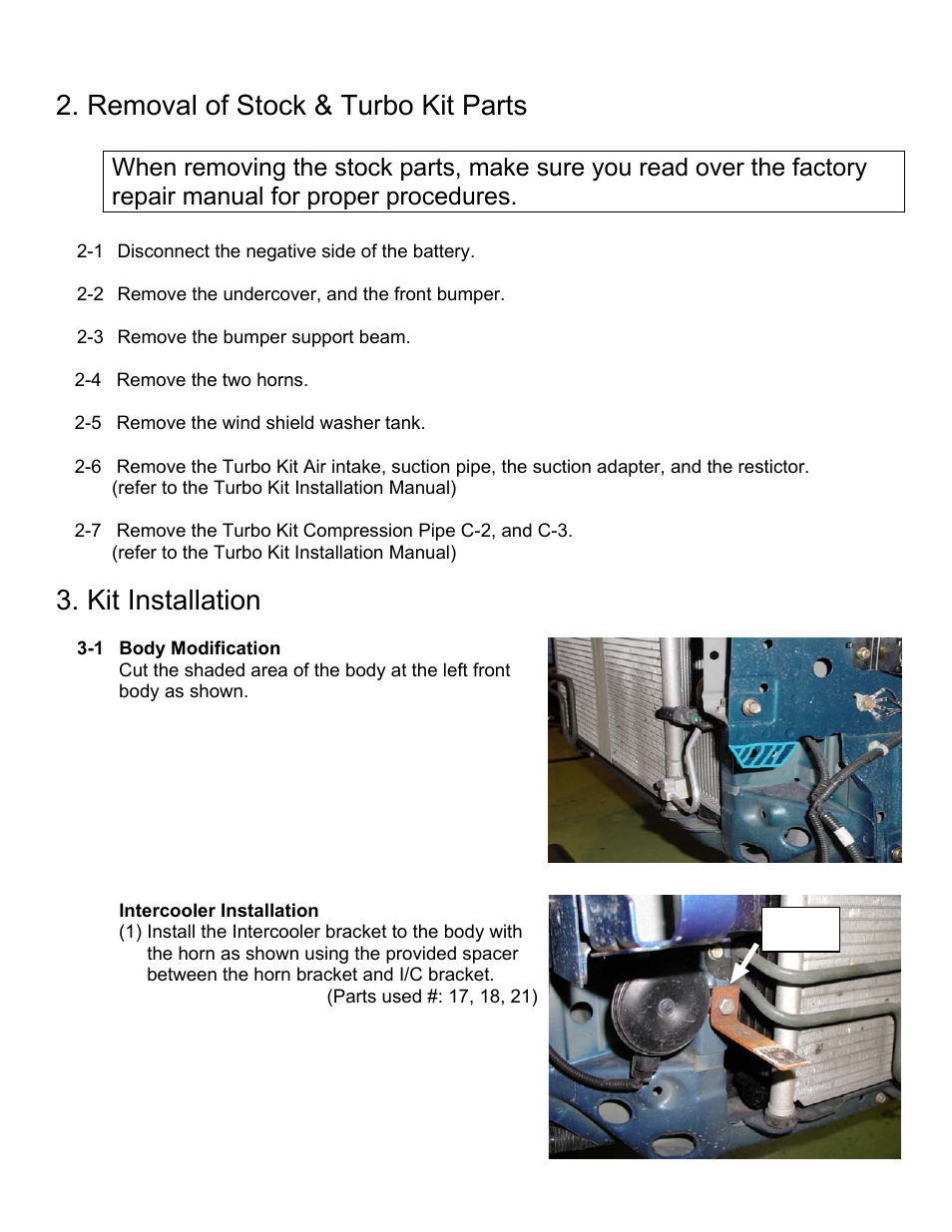Removal of stock & turbo kit parts, Kit installation | GReddy INTERCOOLERS: Acura RSX Type S  2002-06 / Type31V User Manual | Page 4 / 9