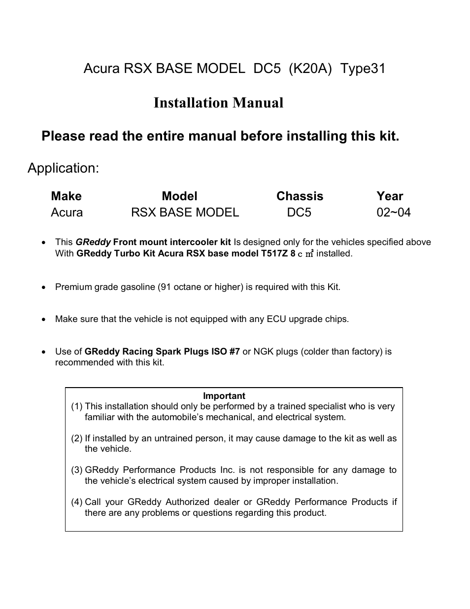 Installation manual | GReddy INTERCOOLERS: Acura RSX  2002-06 / Type31V User Manual | Page 2 / 9