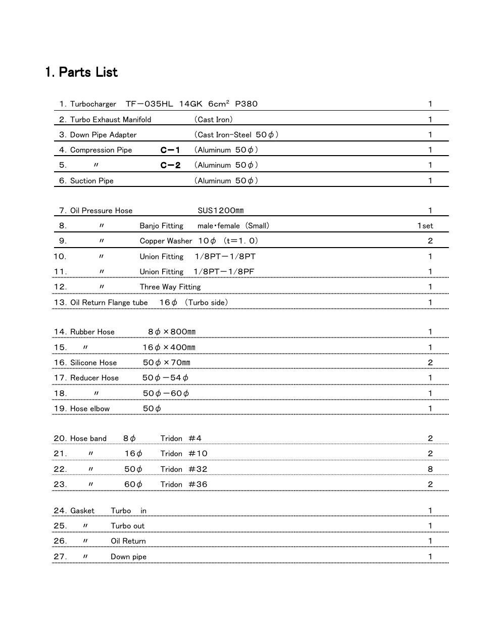 1. parts list parts list parts list parts list | GReddy TURBO KITS: Scion xB 2003-05 / TF03-14G User Manual | Page 3 / 16