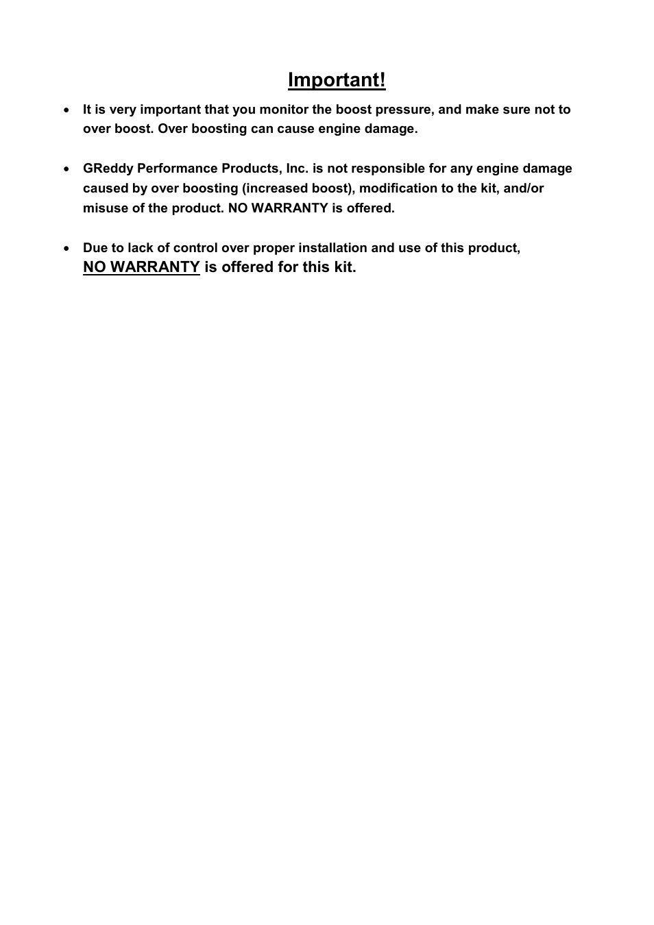 Important | GReddy TURBO KITS: Scion tC 2004-05 / TD05-18G User Manual | Page 13 / 13