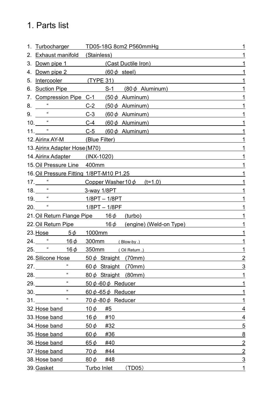 Parts list | GReddy TURBO KITS: Scion tC 2004-05 / TD05-18G User Manual | Page 3 / 13