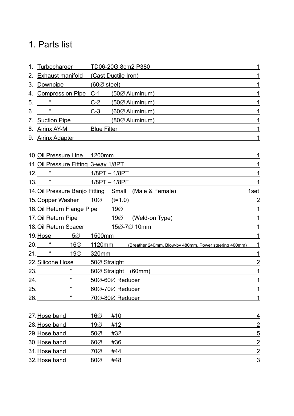 Parts list | GReddy TURBO KITS: Nissan 240SX 1995-98 / TD06-20G User Manual | Page 3 / 18